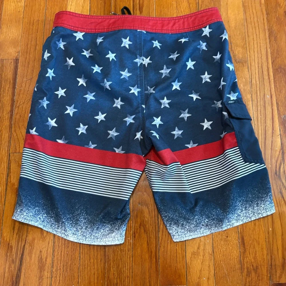 O'Neill Mens 32 Board Shorts Blue American Flag Stars Stripes 9.5